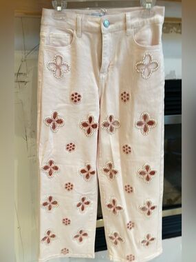 The Noli Shop Pink Kaia High-Rise Jeans Pearl-Trimmed Floral Cutouts27 Petit